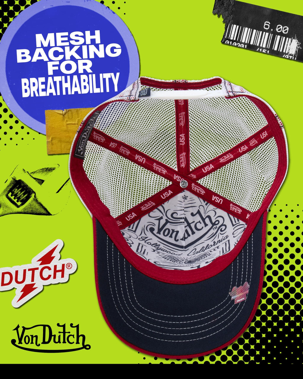 Von Dutch Unisex Trucker Hat - Curved Bill Mesh Back Retro Classic Colorblock Snapback Baseball Cap for Men and Women