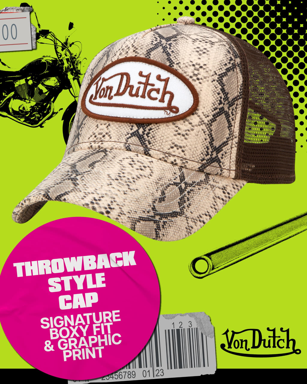 Von Dutch Monogram Trucker Cap - Retro Snapback Cap for Men and Women - Adjustable Snap Fit Panel, Mesh Rear, Curved Bill