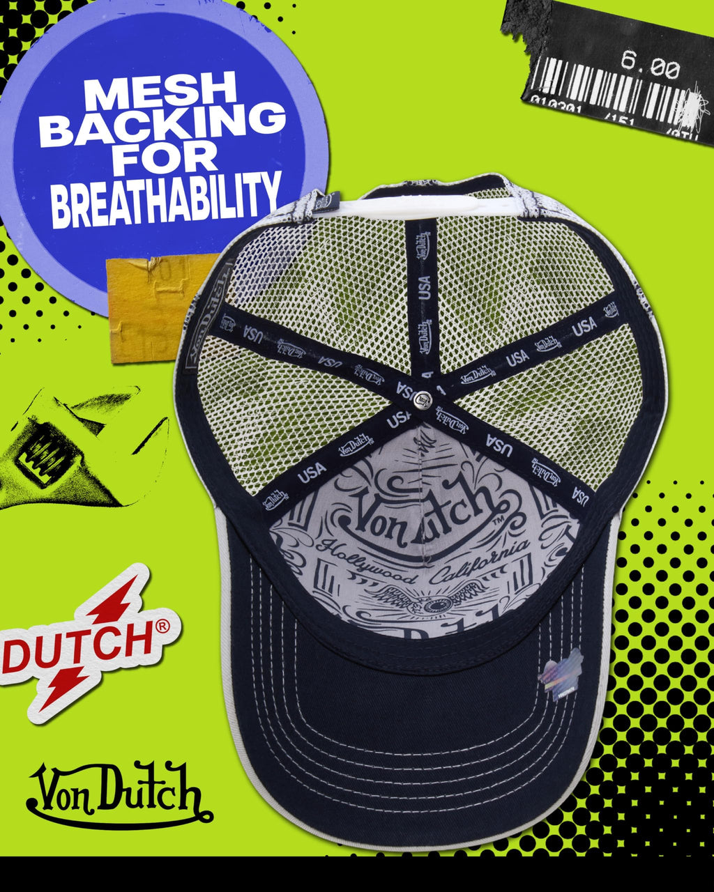 Von Dutch Unisex Trucker Hat - Curved Bill Mesh Back Retro Classic Colorblock Snapback Baseball Cap for Men and Women