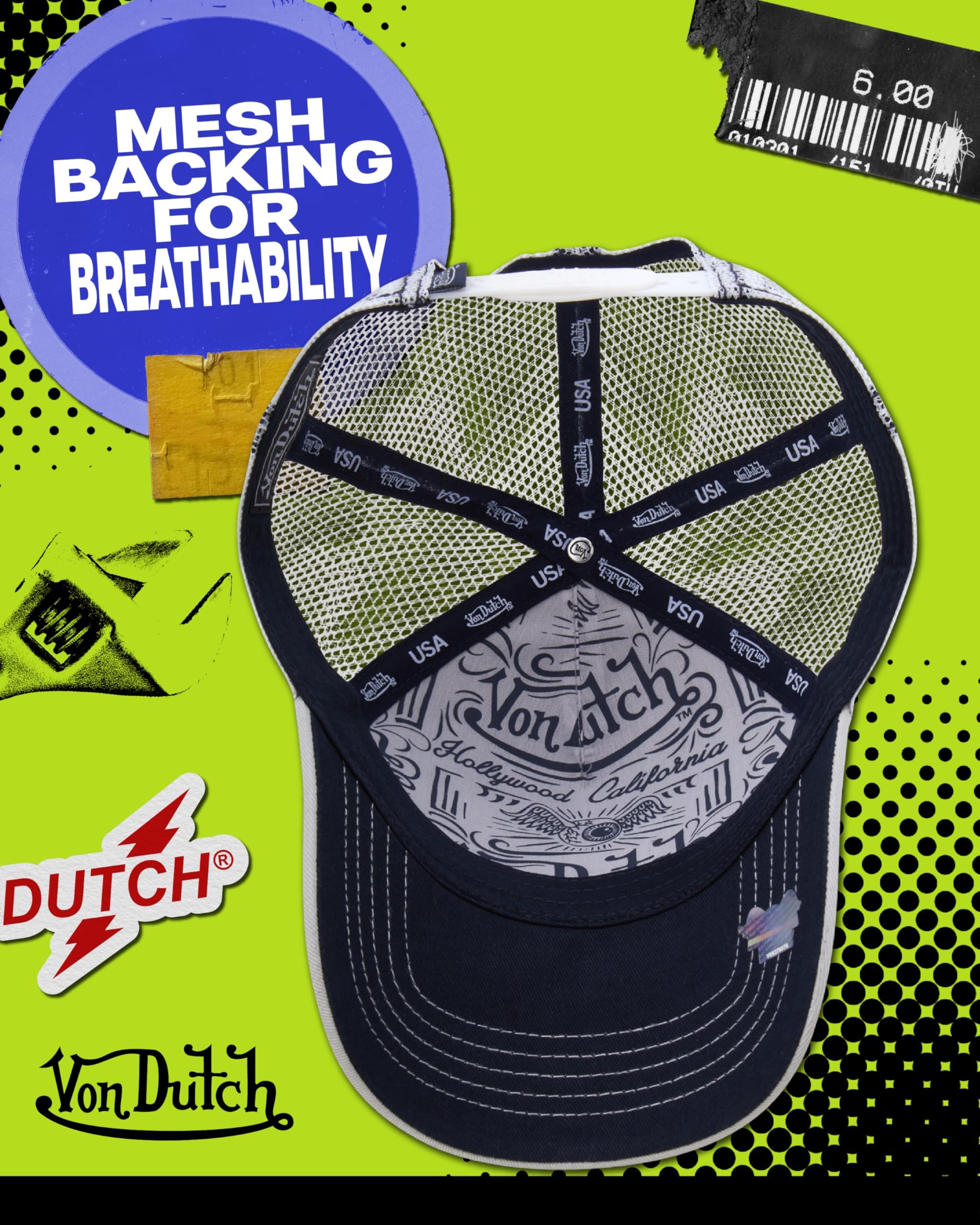 Von Dutch Unisex Trucker Hat - Curved Bill Mesh Back Retro Classic Colorblock Snapback Baseball Cap for Men and Women