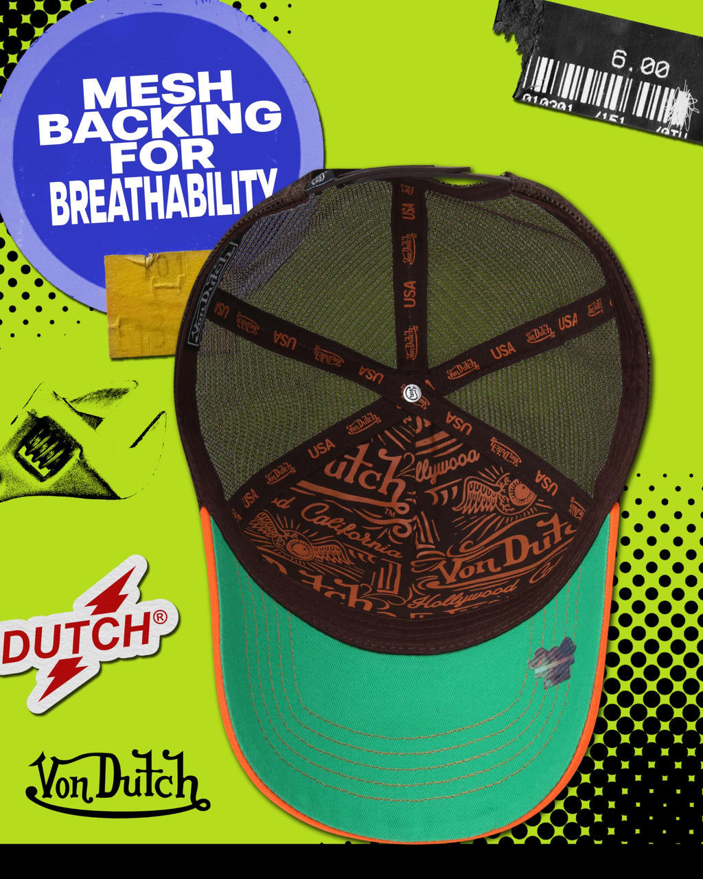 Von Dutch Unisex Trucker Hat - Curved Bill Mesh Back Retro Classic Colorblock Snapback Baseball Cap for Men and Women