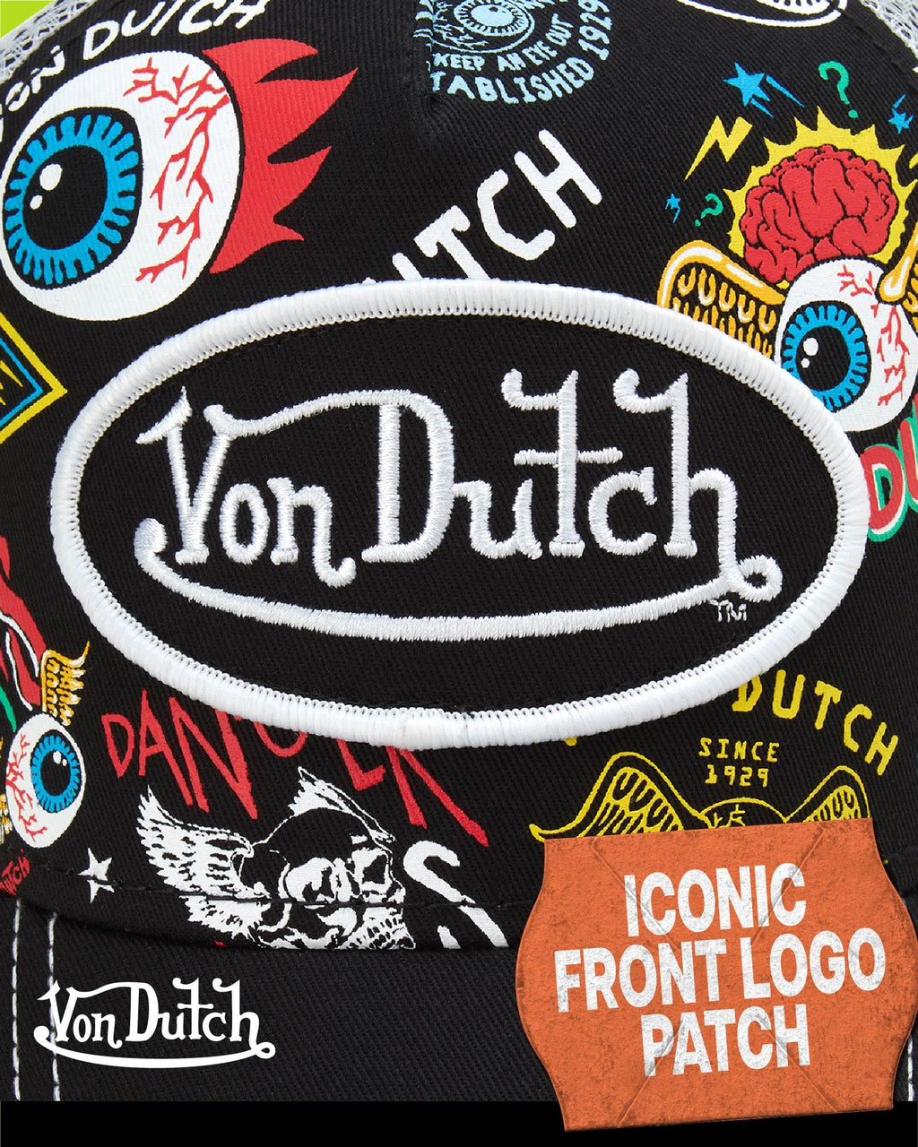 Von Dutch Monogram Trucker Cap - Retro Snapback Cap for Men and Women - Adjustable Snap Fit Panel, Mesh Rear, Curved Bill