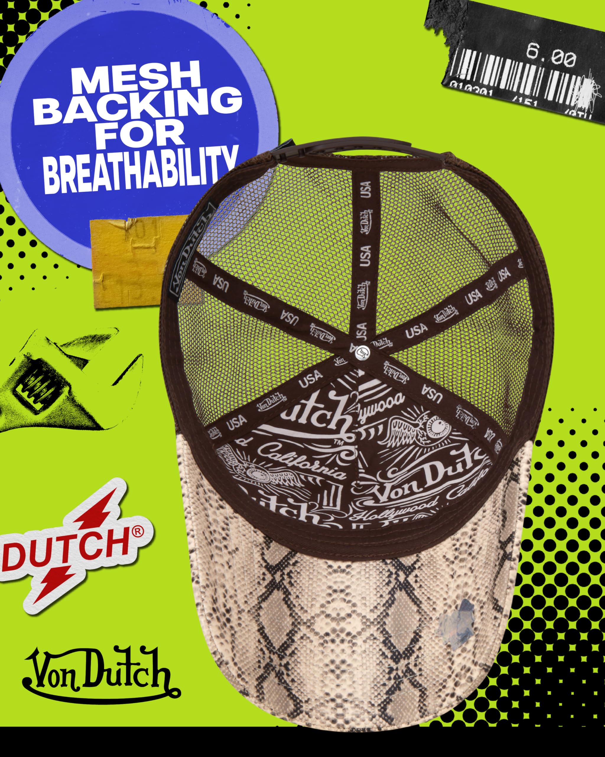 Von Dutch Monogram Trucker Cap - Retro Snapback Cap for Men and Women - Adjustable Snap Fit Panel, Mesh Rear, Curved Bill