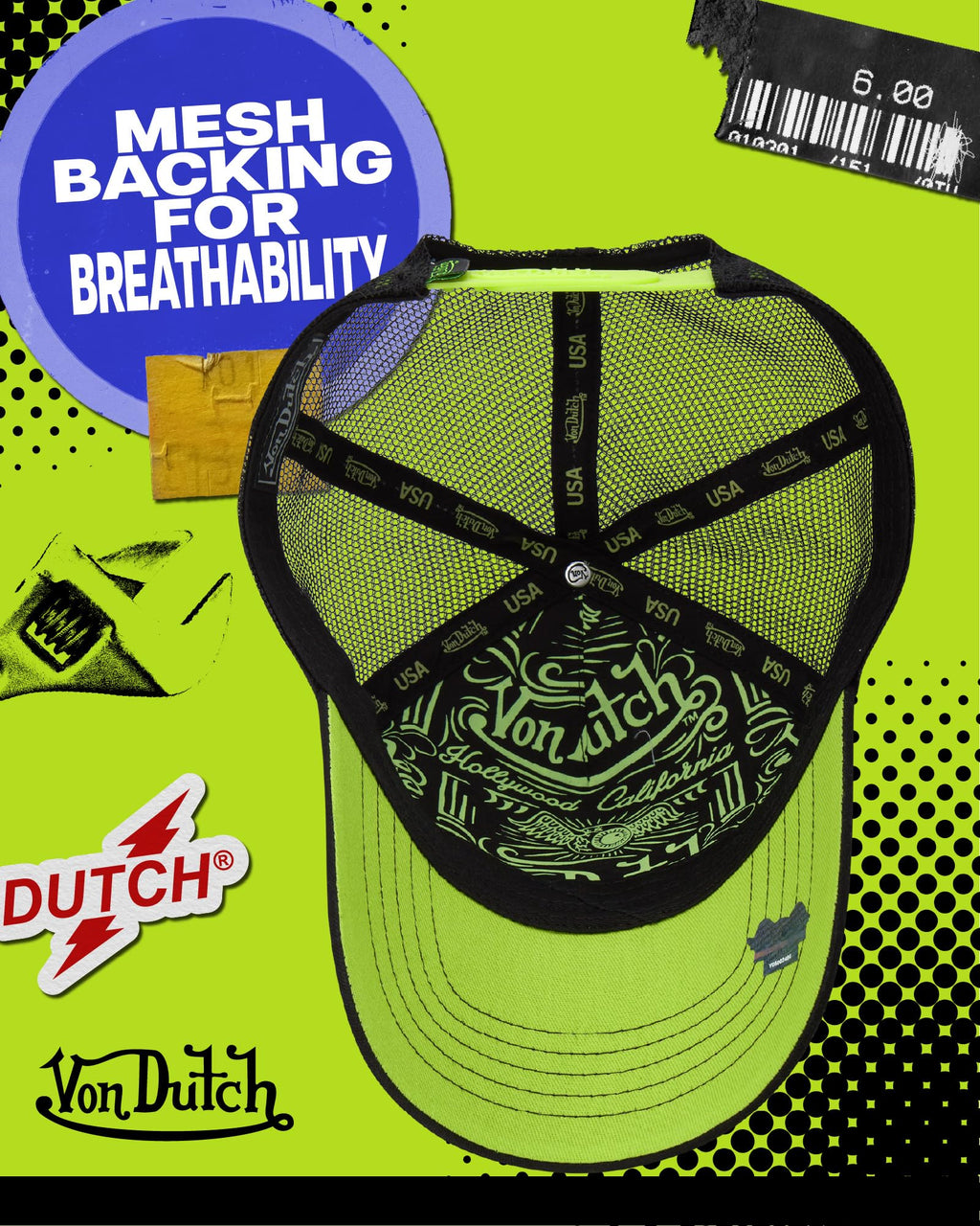 Von Dutch Monogram Trucker Cap - Retro Snapback Cap for Men and Women - Adjustable Snap Fit Panel, Mesh Rear, Curved Bill