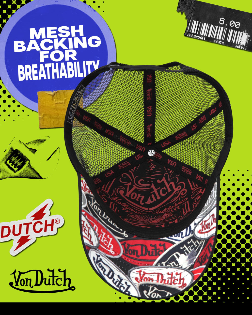 Von Dutch Monogram Trucker Cap - Retro Snapback Cap for Men and Women - Adjustable Snap Fit Panel, Mesh Rear, Curved Bill
