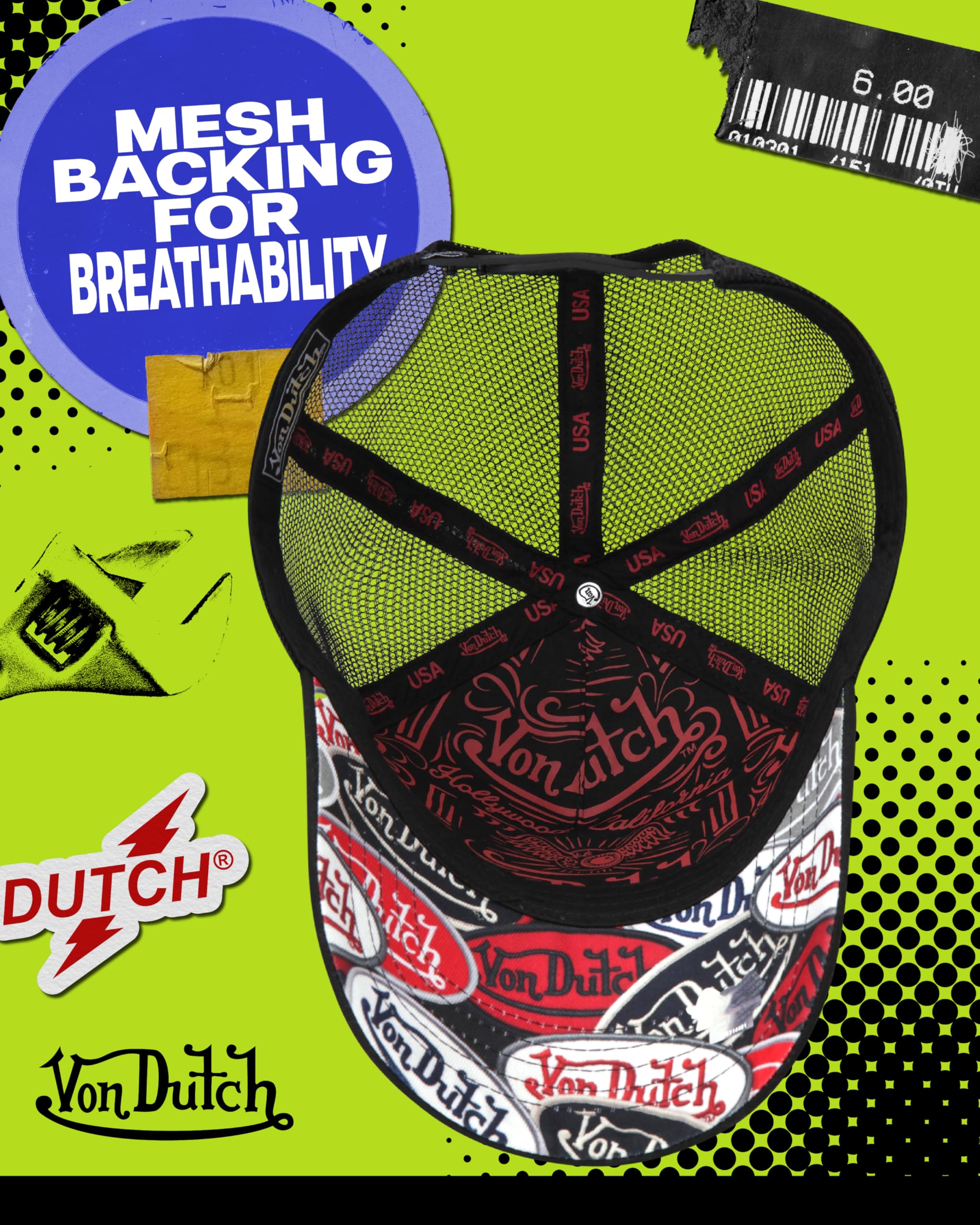 Von Dutch Monogram Trucker Cap - Retro Snapback Cap for Men and Women - Adjustable Snap Fit Panel, Mesh Rear, Curved Bill
