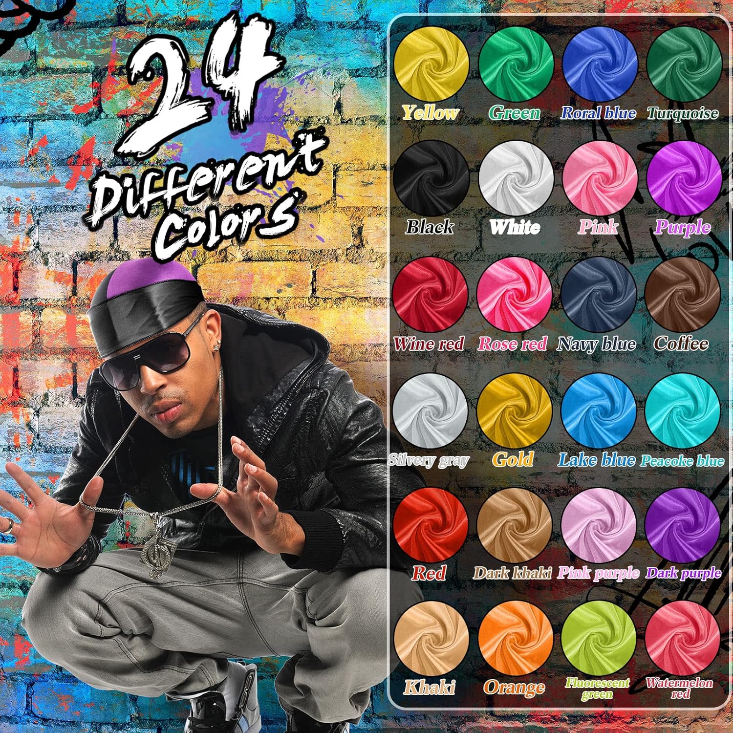 Boyiee 28 Pcs Silky Durags Set Includes 24 Satin Durag for Men Women Long Tail Headwraps with 4 Elastic Wave Cap
