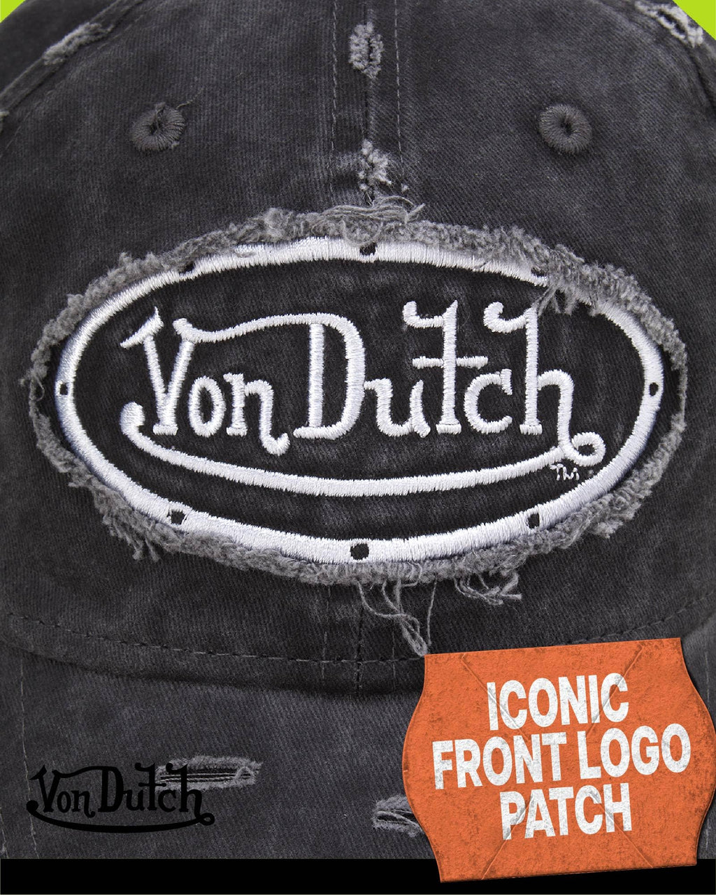 Von Dutch Men & Womens Baseball Caps - Breathable Adjustable Snapback Soft Cotton Canvas Curved Brim Vintage Hat, Size One Size, Black Distressed with Patched