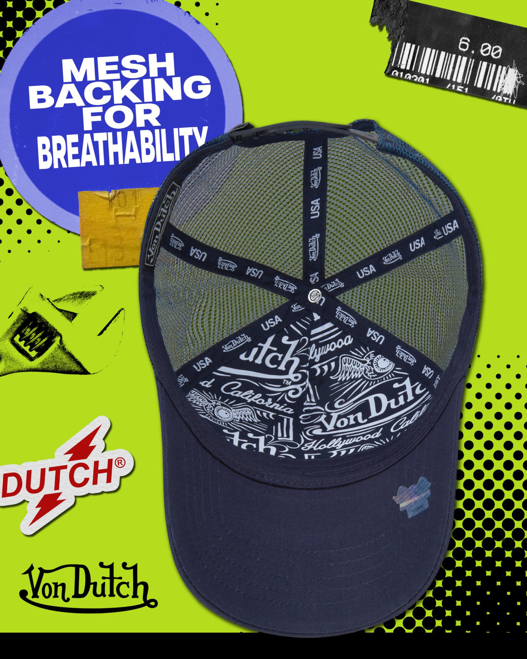 Von Dutch Unisex Trucker Hat - Curved Bill Mesh Back Retro Classic Colorblock Snapback Baseball Cap for Men and Women