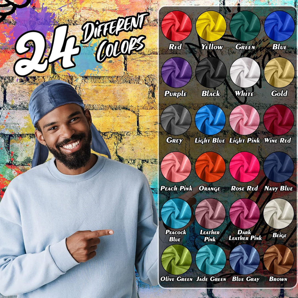 25 Pieces Velvet Durags Set 360 Waves Cap Doo Rag Durags Headwraps with Extra Long Tail Wide Straps 24 Colors with 1 Elastic Wave Cap for Man Woman Multi Color