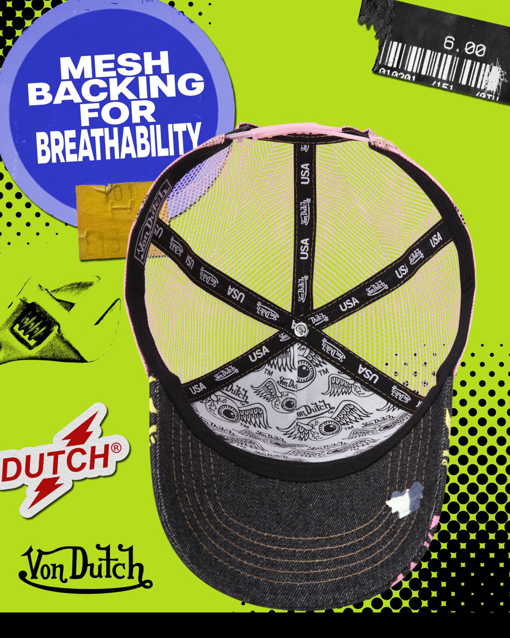 Von Dutch Monogram Trucker Cap - Retro Snapback Cap for Men and Women - Adjustable Snap Fit Panel, Mesh Rear, Curved Bill