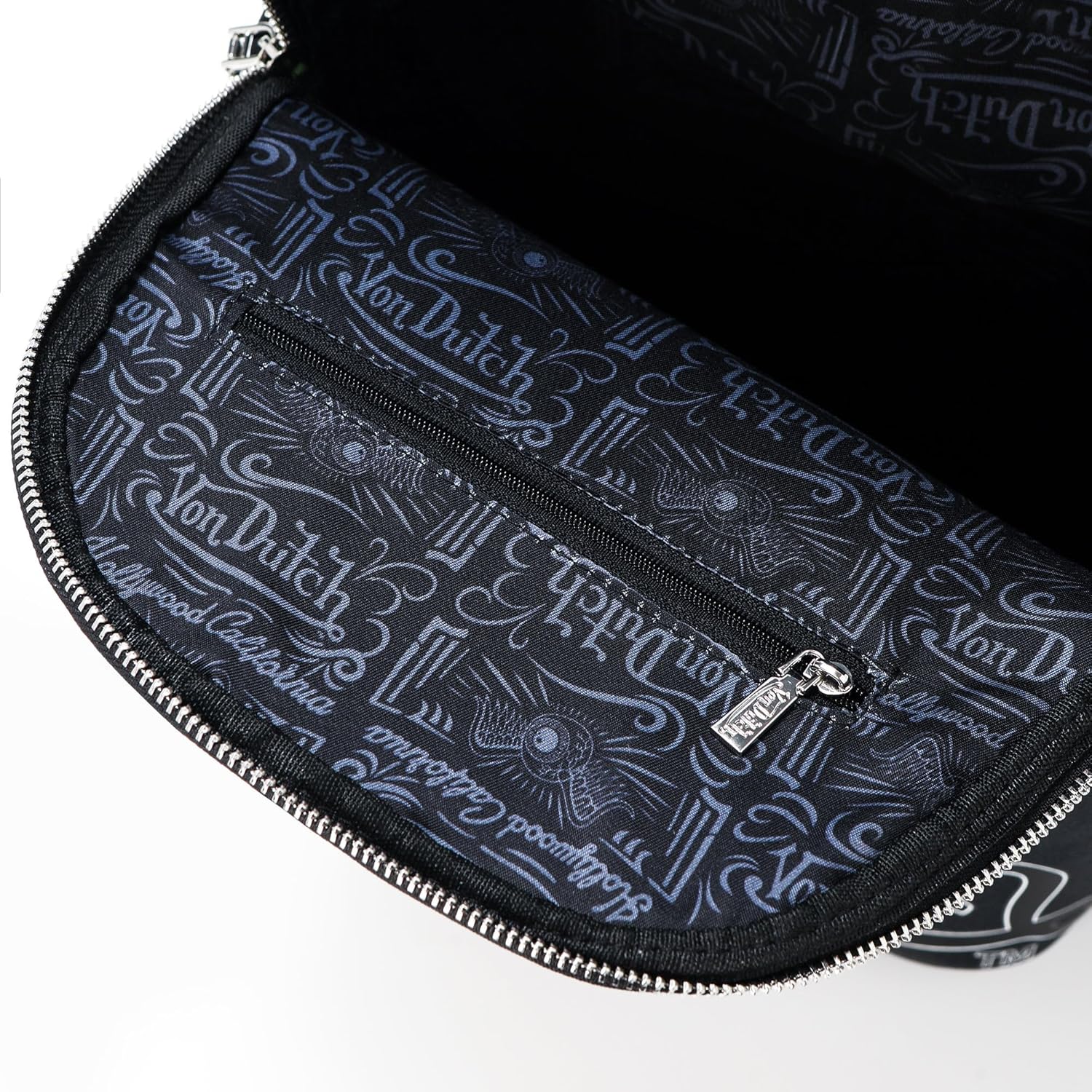 Von Dutch Small Backpack – Stylish Multi‑Purpose Backpack with Front Zip Pocket, Adjustable Straps, and Durable Design (Black Flying Eye)