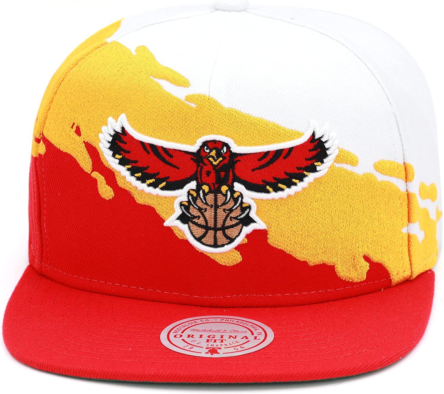 Mitchell & Ness Atlanta Hawks Paintbrush Snapback Hat Adjustable Cap HWC - Red/Yellow/White, One Size