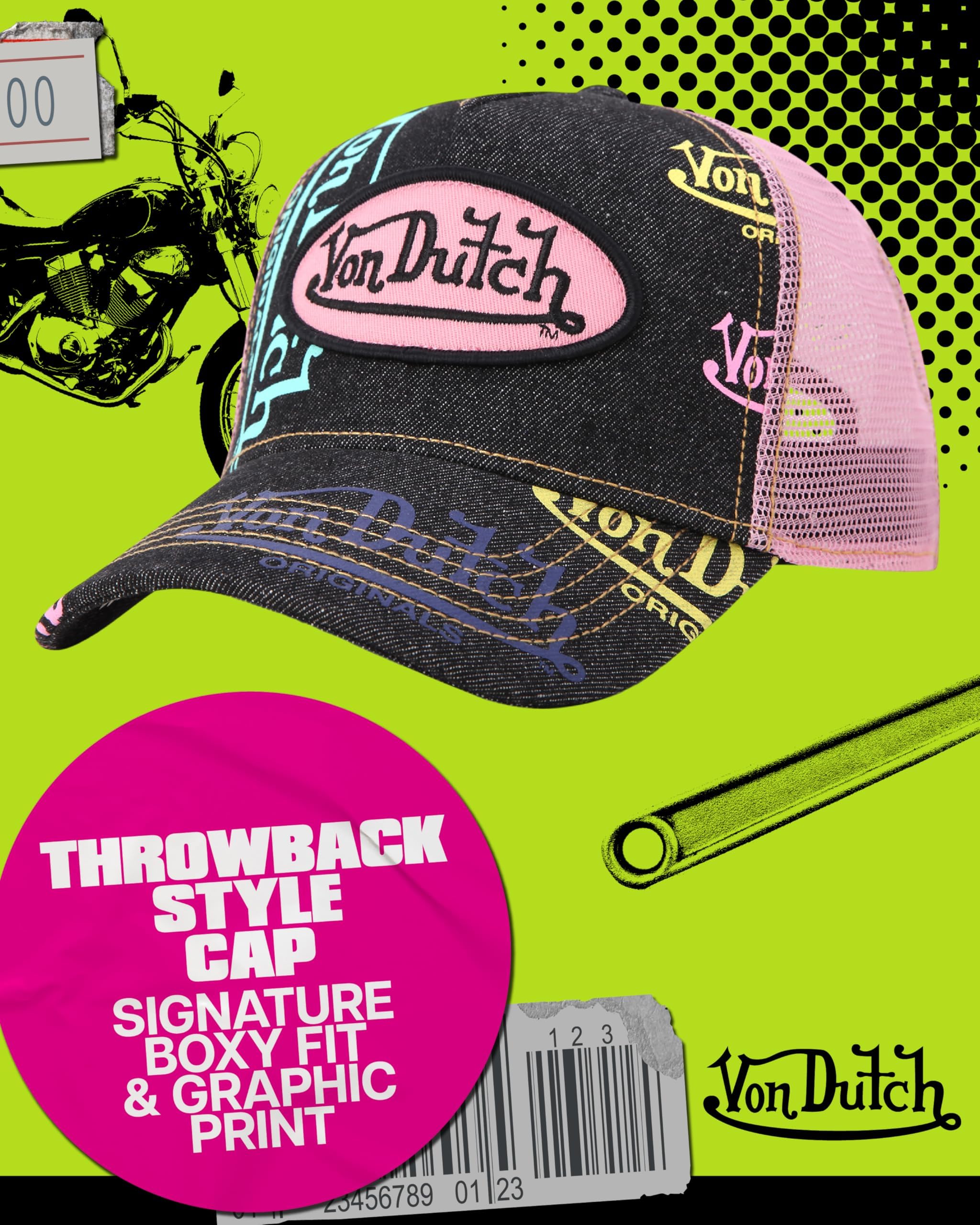 Von Dutch Monogram Trucker Cap - Retro Snapback Cap for Men and Women - Adjustable Snap Fit Panel, Mesh Rear, Curved Bill