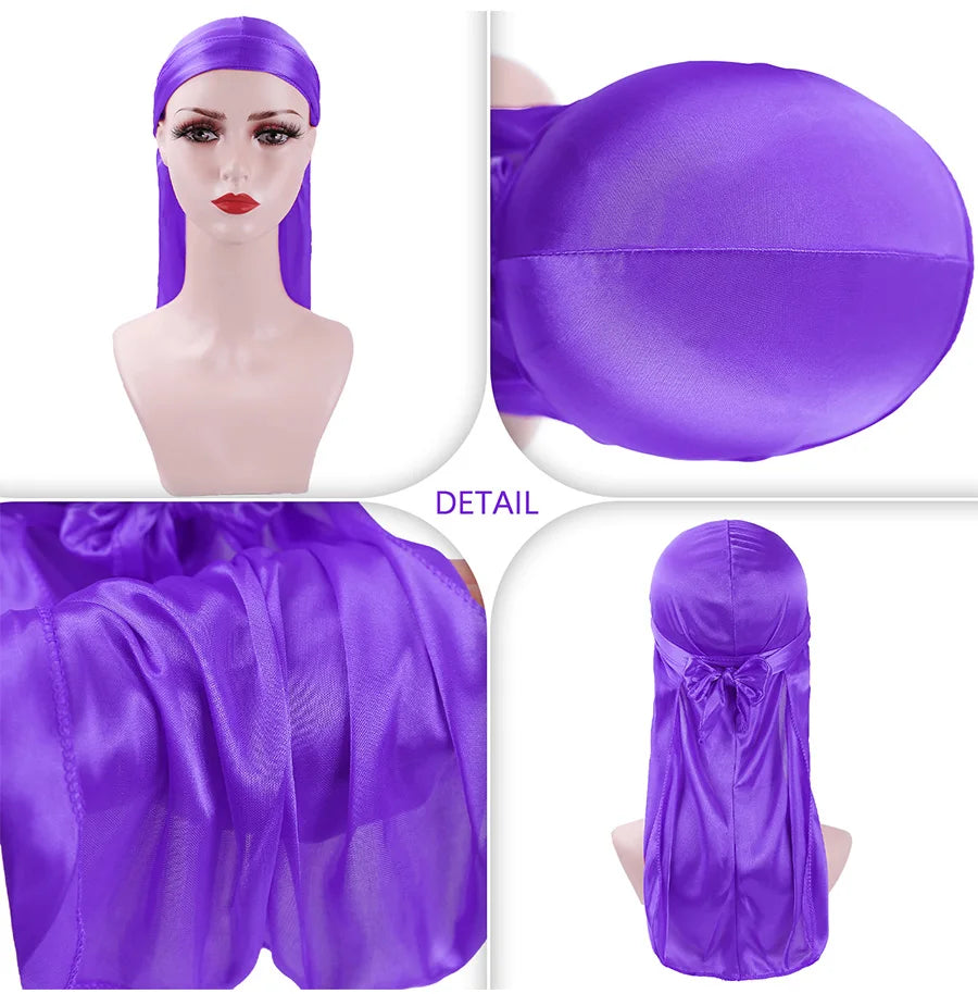Satin Durag Turban Hat Wigs Durag Biker Headwrap Pirate Hat Cap For Men Hair Accessories Long Tail Straps Bandanas 1Pcs