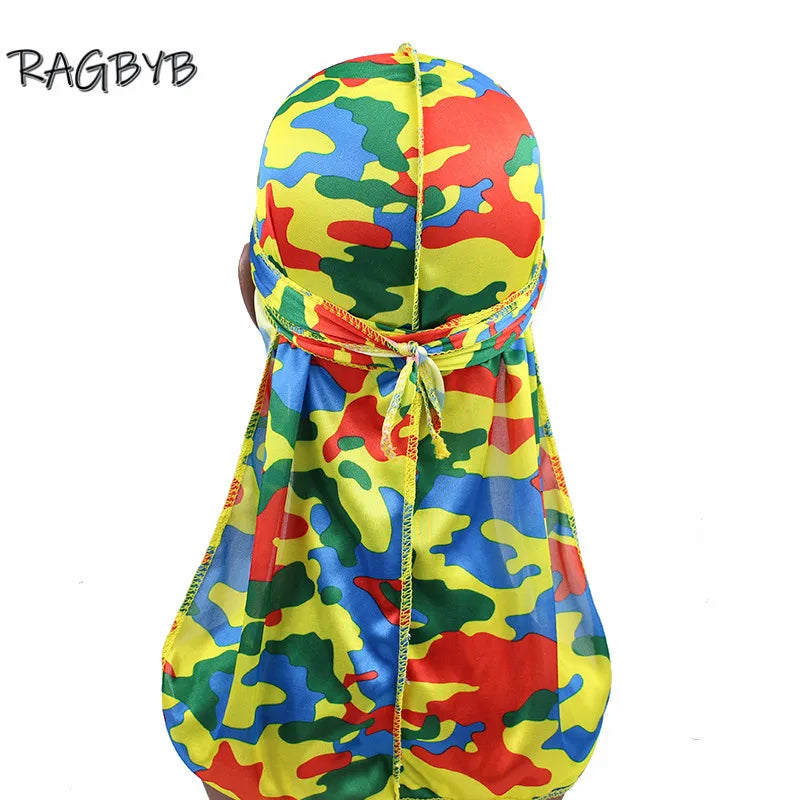 New Camo Print Silk Durag Bandanas for Men Silky Durags Long Tail Wave Cap Head Scarf Women Hat Headwrap Durag