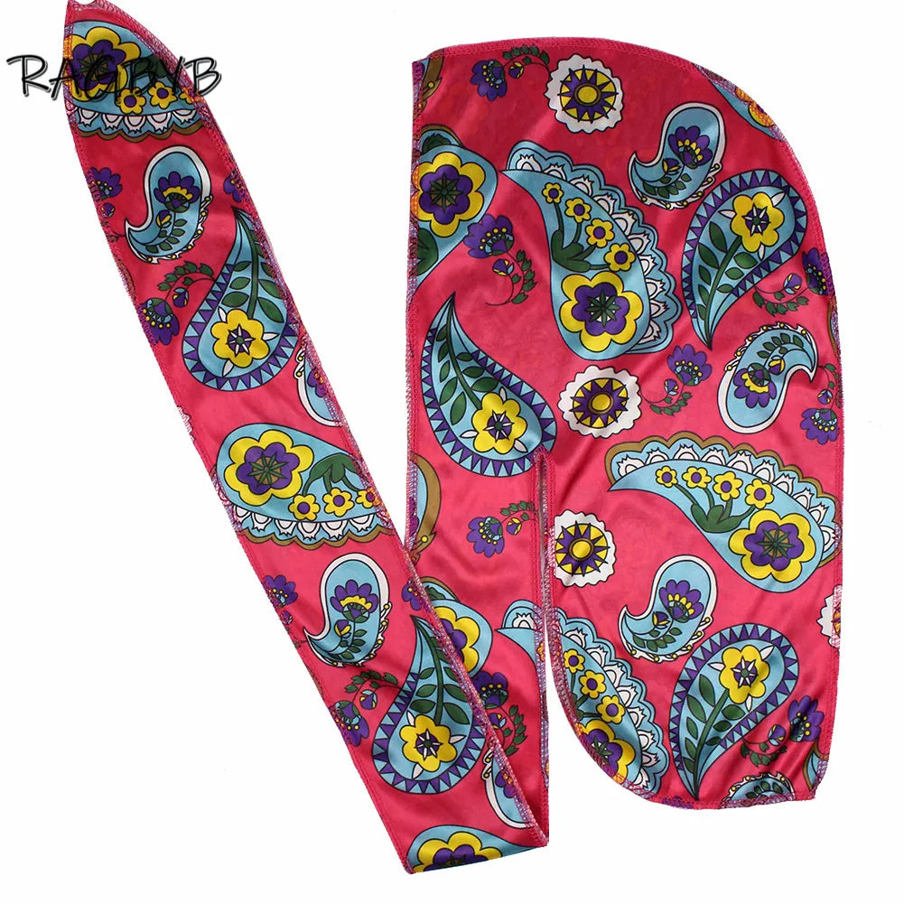 High Quality Thick Silk Durag Floral Printing Silky Durags Bandanas for Men Hair Wave Cap Long Tail Men Silk Durag