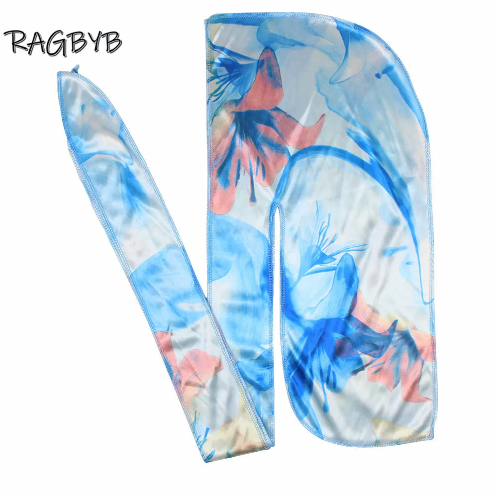 High Quality Thick Silk Durag Floral Printing Silky Durags Bandanas for Men Hair Wave Cap Long Tail Men Silk Durag