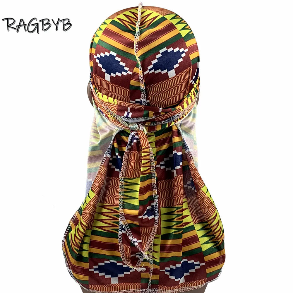 Unisex Printing Silk Durag Ankara Style Men Silky Durag Long Tail Head Scarf Headwear Headband Wave Cap Durags