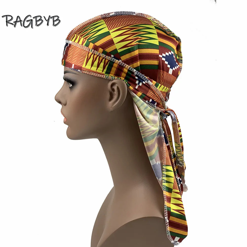 Unisex Printing Silk Durag Ankara Style Men Silky Durag Long Tail Head Scarf Headwear Headband Wave Cap Durags