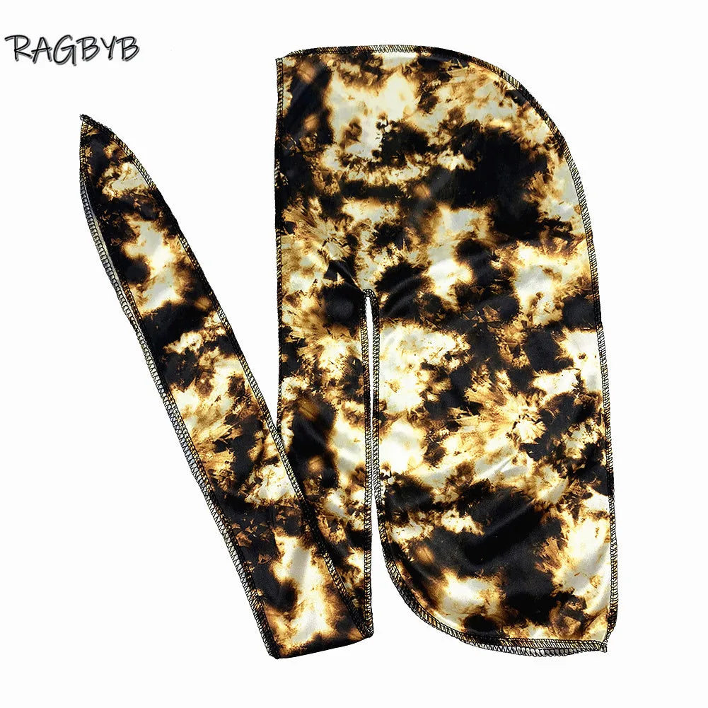 RAGBYB Premuim Tie Dyed Silk Durag Long Tail Men Printing Silky Durags Bandanas for Men Hair Wave Cap Durag