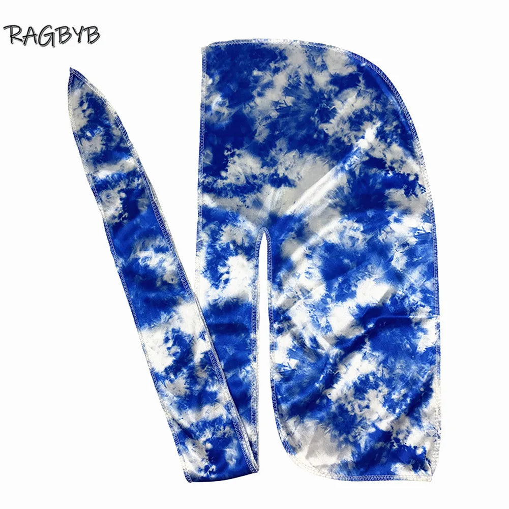 RAGBYB Premuim Tie Dyed Silk Durag Long Tail Men Printing Silky Durags Bandanas for Men Hair Wave Cap Durag