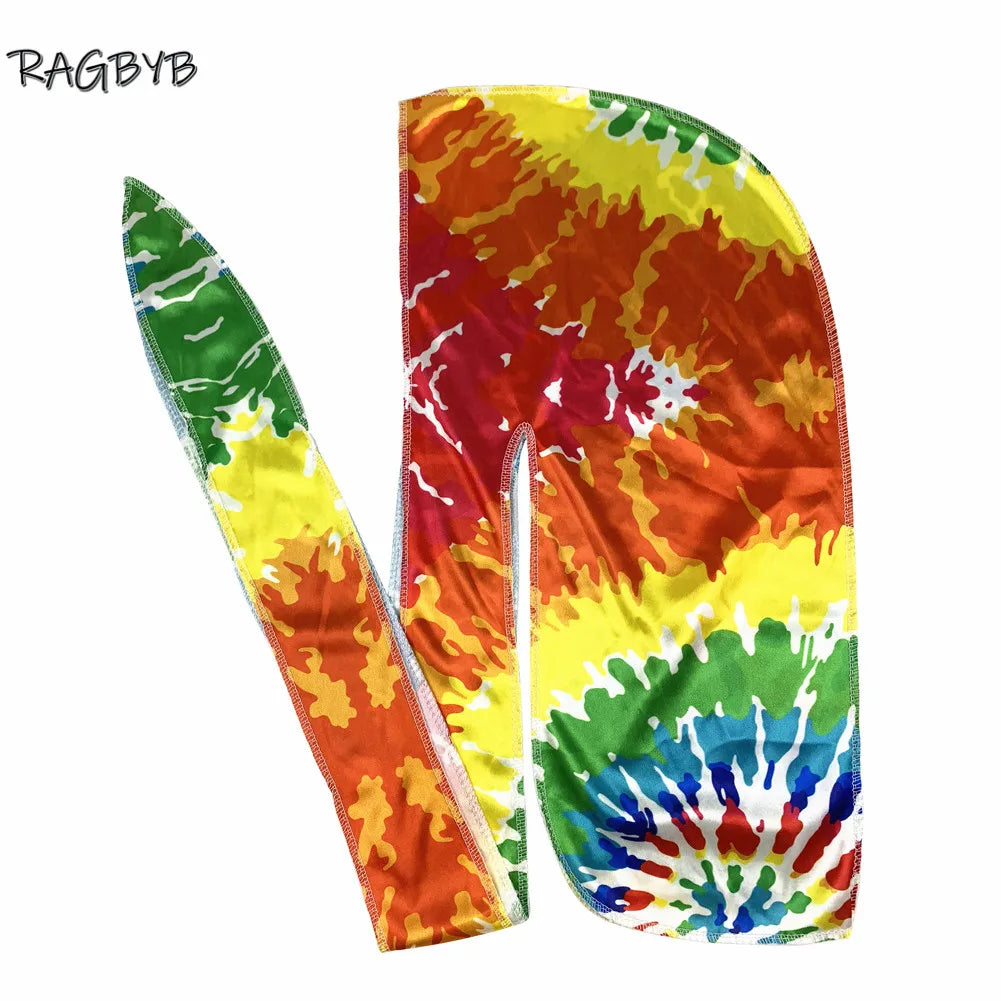RAGBYB Premuim Tie Dyed Silk Durag Long Tail Men Printing Silky Durags Bandanas for Men Hair Wave Cap Durag
