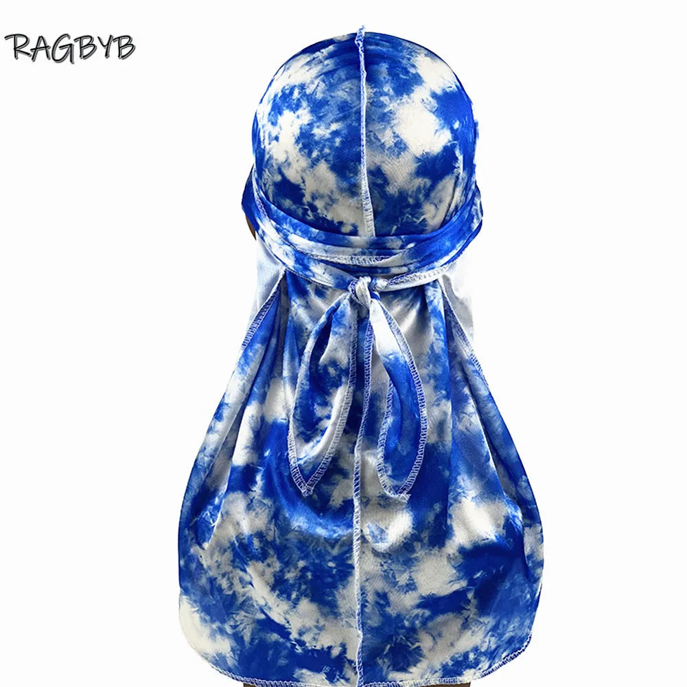 RAGBYB Premuim Tie Dyed Silk Durag Long Tail Men Printing Silky Durags Bandanas for Men Hair Wave Cap Durag
