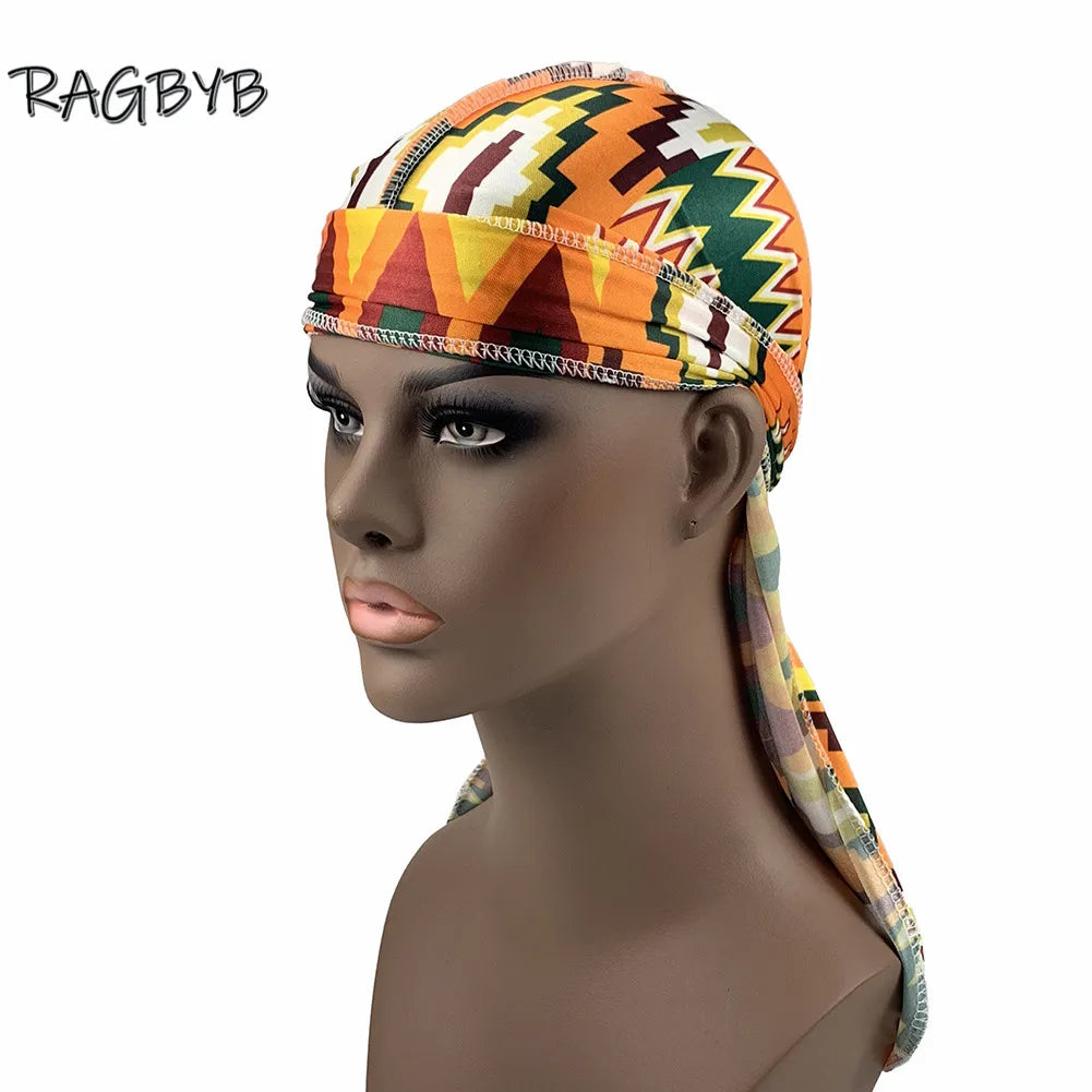 Unisex Printing Silk Durag Ankara Style Men Silky Durag Long Tail Head Scarf Headwear Headband Wave Cap Durags