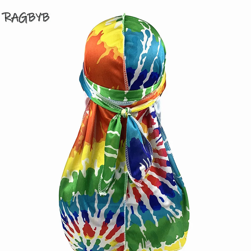 RAGBYB Premuim Tie Dyed Silk Durag Long Tail Men Printing Silky Durags Bandanas for Men Hair Wave Cap Durag