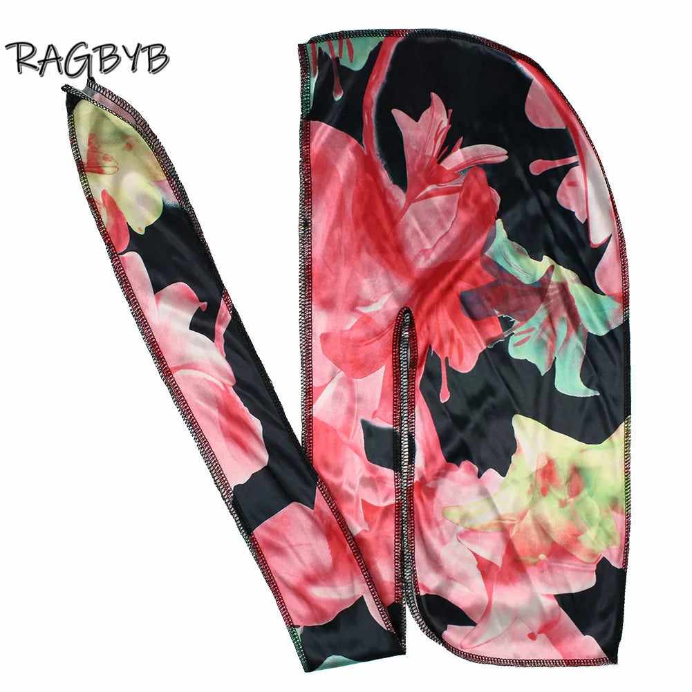 High Quality Thick Silk Durag Floral Printing Silky Durags Bandanas for Men Hair Wave Cap Long Tail Men Silk Durag
