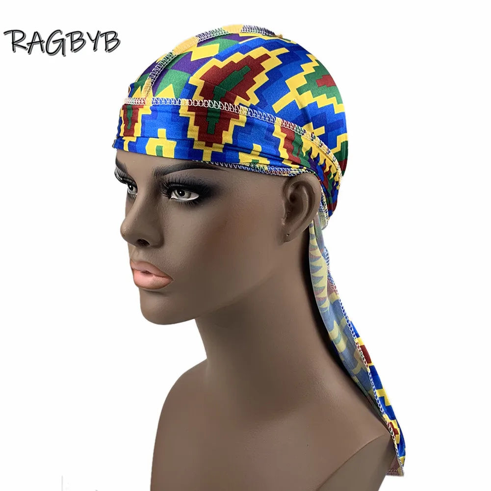 Unisex Printing Silk Durag Ankara Style Men Silky Durag Long Tail Head Scarf Headwear Headband Wave Cap Durags
