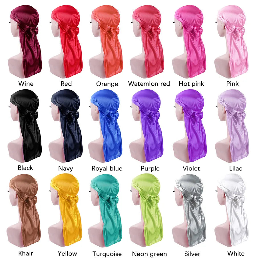 Satin Durag Turban Hat Wigs Durag Biker Headwrap Pirate Hat Cap For Men Hair Accessories Long Tail Straps Bandanas 1Pcs