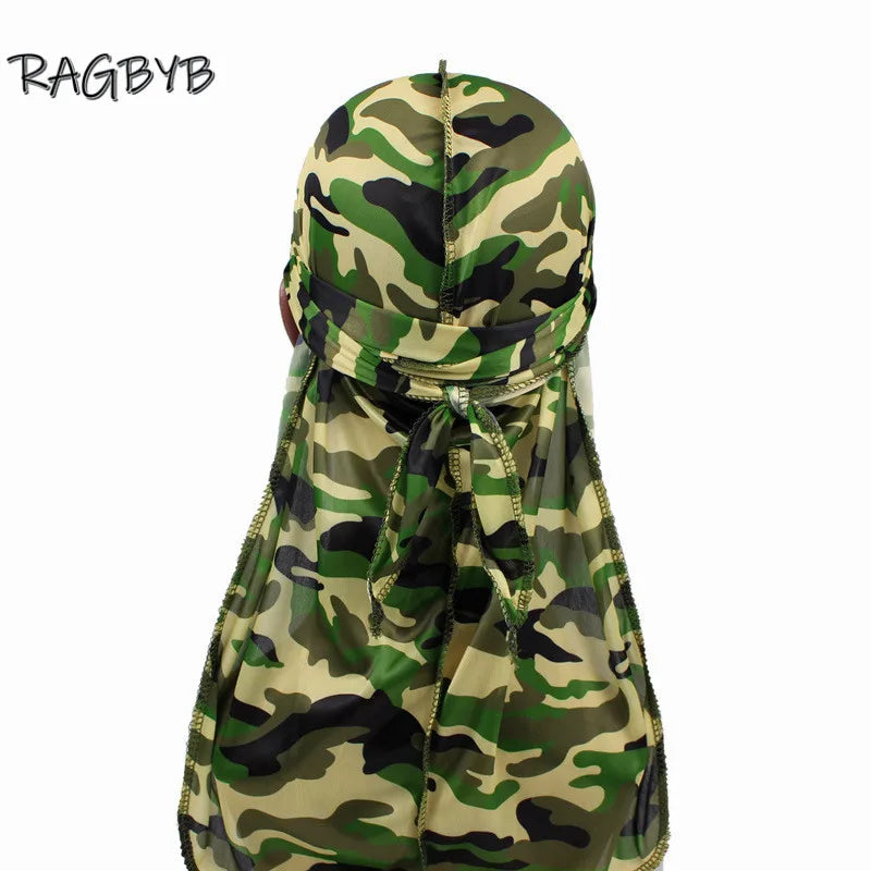 New Camo Print Silk Durag Bandanas for Men Silky Durags Long Tail Wave Cap Head Scarf Women Hat Headwrap Durag