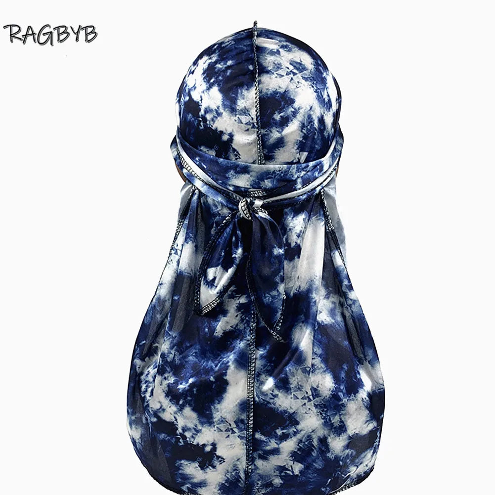 RAGBYB Premuim Tie Dyed Silk Durag Long Tail Men Printing Silky Durags Bandanas for Men Hair Wave Cap Durag
