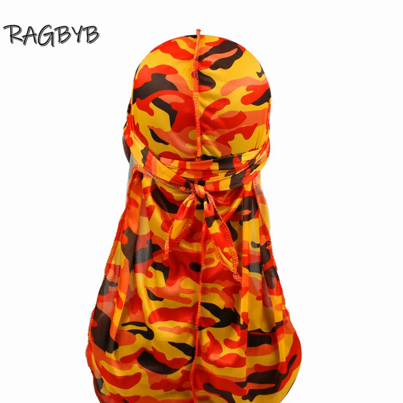 New Camo Print Silk Durag Bandanas for Men Silky Durags Long Tail Wave Cap Head Scarf Women Hat Headwrap Durag