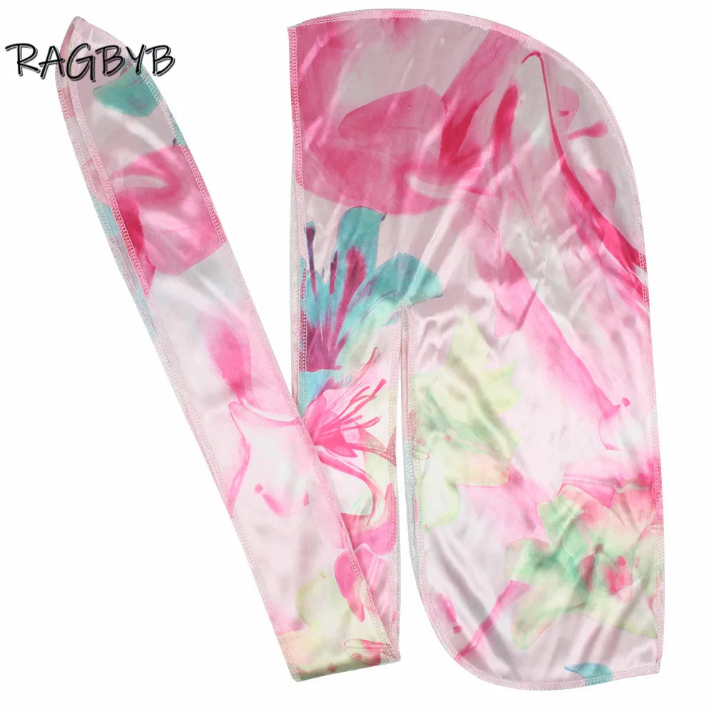 High Quality Thick Silk Durag Floral Printing Silky Durags Bandanas for Men Hair Wave Cap Long Tail Men Silk Durag