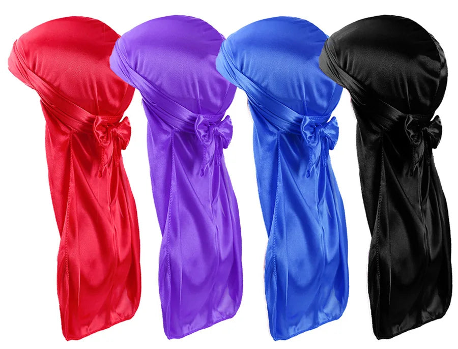 Satin Durag Turban Hat Wigs Durag Biker Headwrap Pirate Hat Cap For Men Hair Accessories Long Tail Straps Bandanas 1Pcs