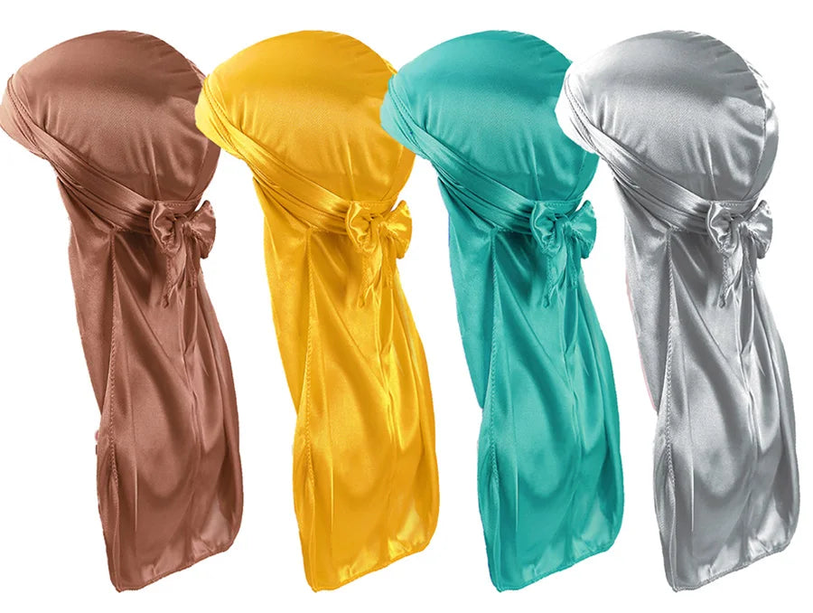 Satin Durag Turban Hat Wigs Durag Biker Headwrap Pirate Hat Cap For Men Hair Accessories Long Tail Straps Bandanas 1Pcs