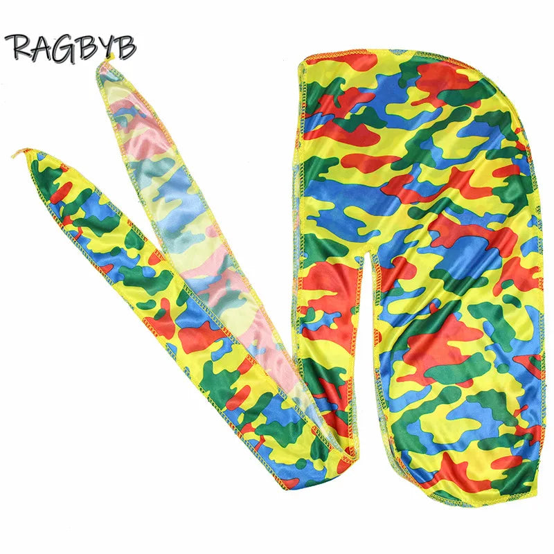New Camo Print Silk Durag Bandanas for Men Silky Durags Long Tail Wave Cap Head Scarf Women Hat Headwrap Durag