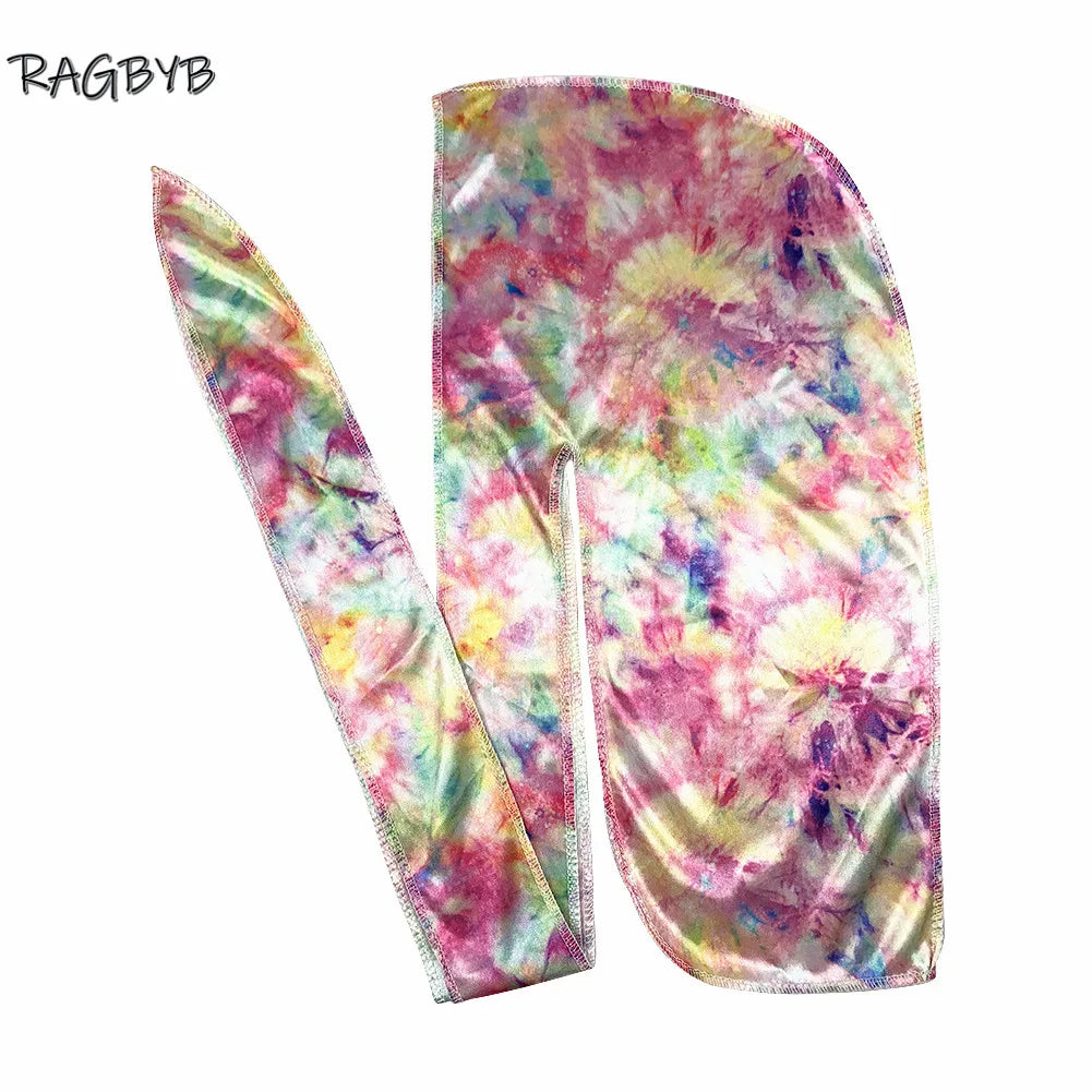 RAGBYB Premuim Tie Dyed Silk Durag Long Tail Men Printing Silky Durags Bandanas for Men Hair Wave Cap Durag