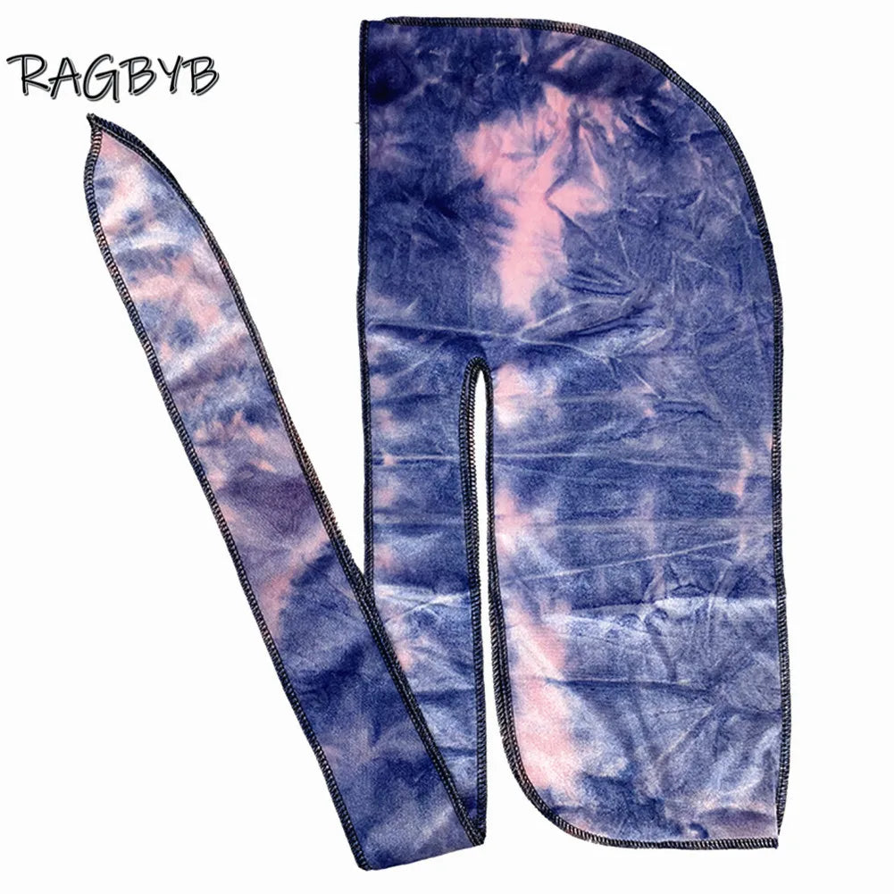 Unisex Men Velvet Durag Bandanas For Men Tie Dyed Print Velvet Durags Long Tail Headband Hair Wave Cap Head Scarf Durag