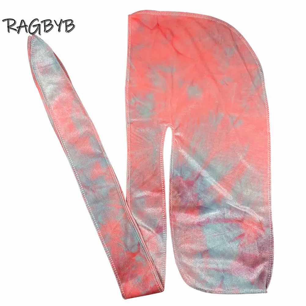 Unisex Men Velvet Durag Bandanas For Men Tie Dyed Print Velvet Durags Long Tail Headband Hair Wave Cap Head Scarf Durag