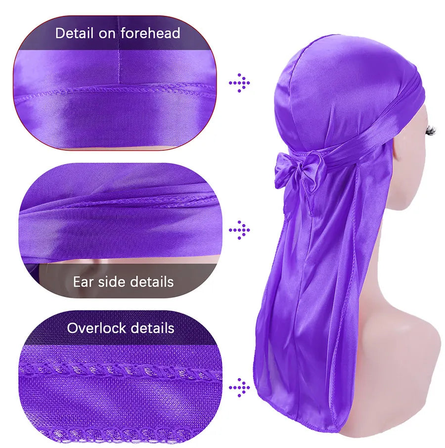 Satin Durag Turban Hat Wigs Durag Biker Headwrap Pirate Hat Cap For Men Hair Accessories Long Tail Straps Bandanas 1Pcs