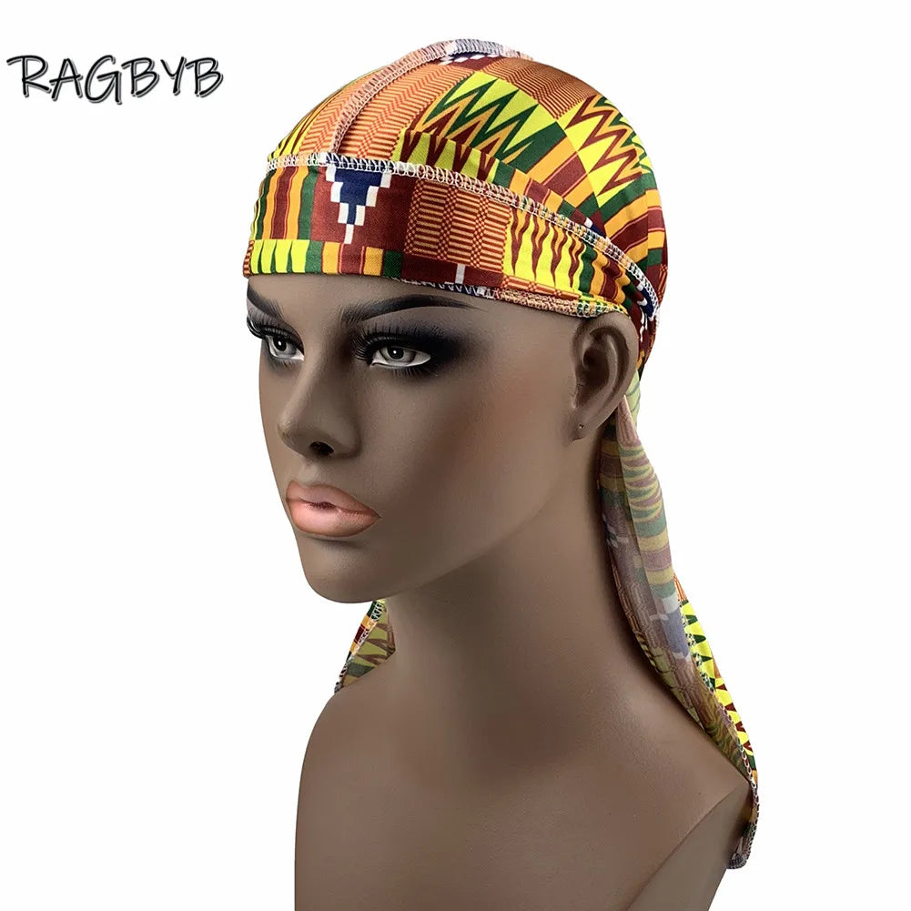 Unisex Printing Silk Durag Ankara Style Men Silky Durag Long Tail Head Scarf Headwear Headband Wave Cap Durags