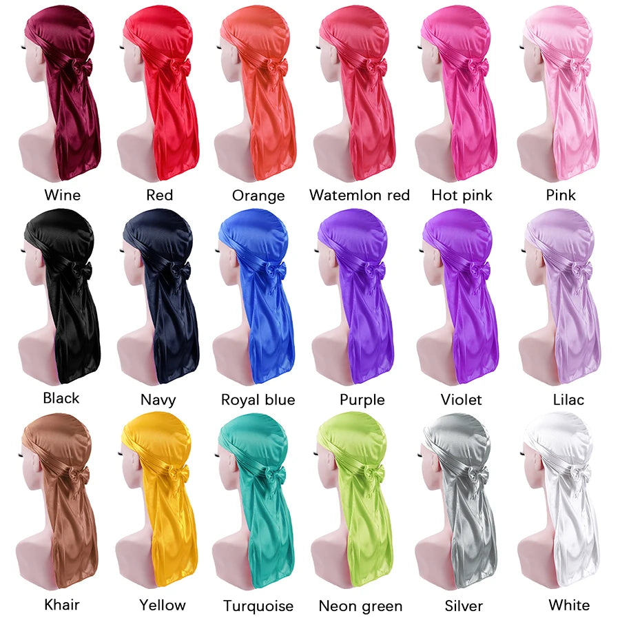 Satin Durag Turban Hat Wigs Durag Biker Headwrap Pirate Hat Cap For Men Hair Accessories Long Tail Straps Bandanas 1Pcs