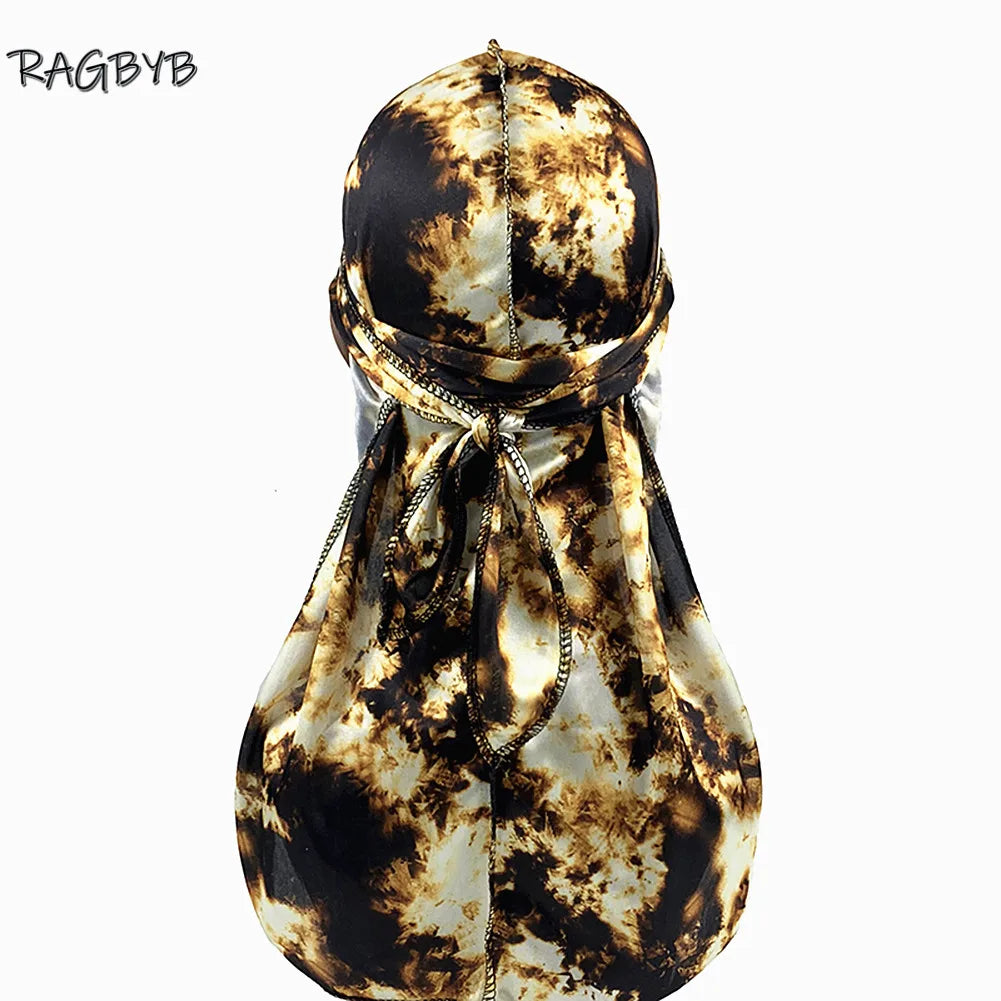 RAGBYB Premuim Tie Dyed Silk Durag Long Tail Men Printing Silky Durags Bandanas for Men Hair Wave Cap Durag