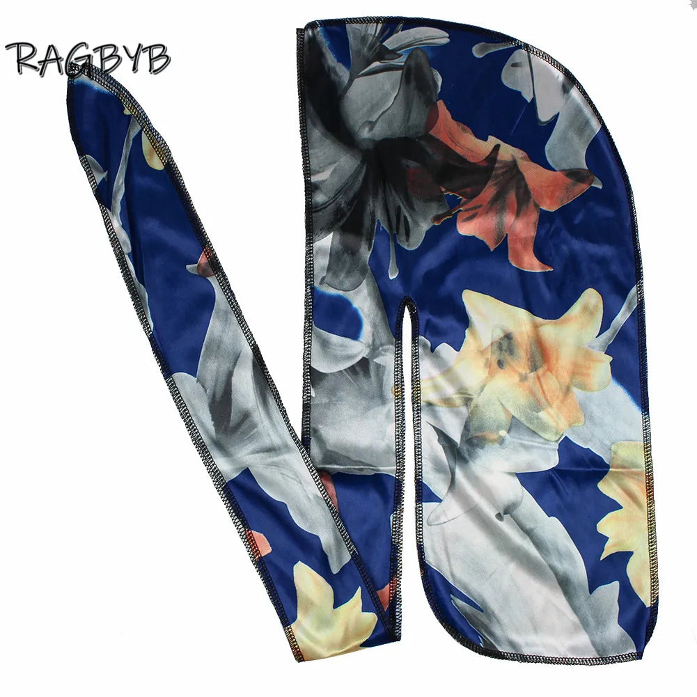 High Quality Thick Silk Durag Floral Printing Silky Durags Bandanas for Men Hair Wave Cap Long Tail Men Silk Durag
