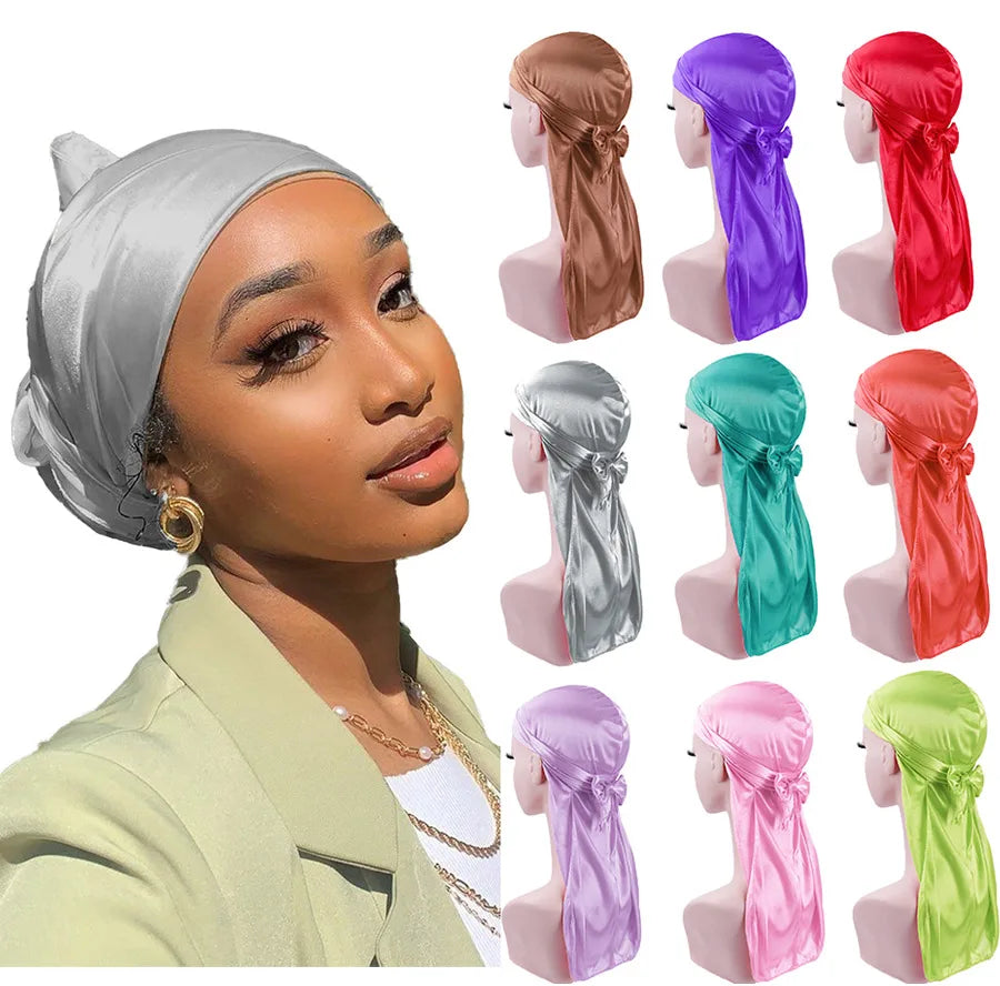 Satin Durag Turban Hat Wigs Durag Biker Headwrap Pirate Hat Cap For Men Hair Accessories Long Tail Straps Bandanas 1Pcs