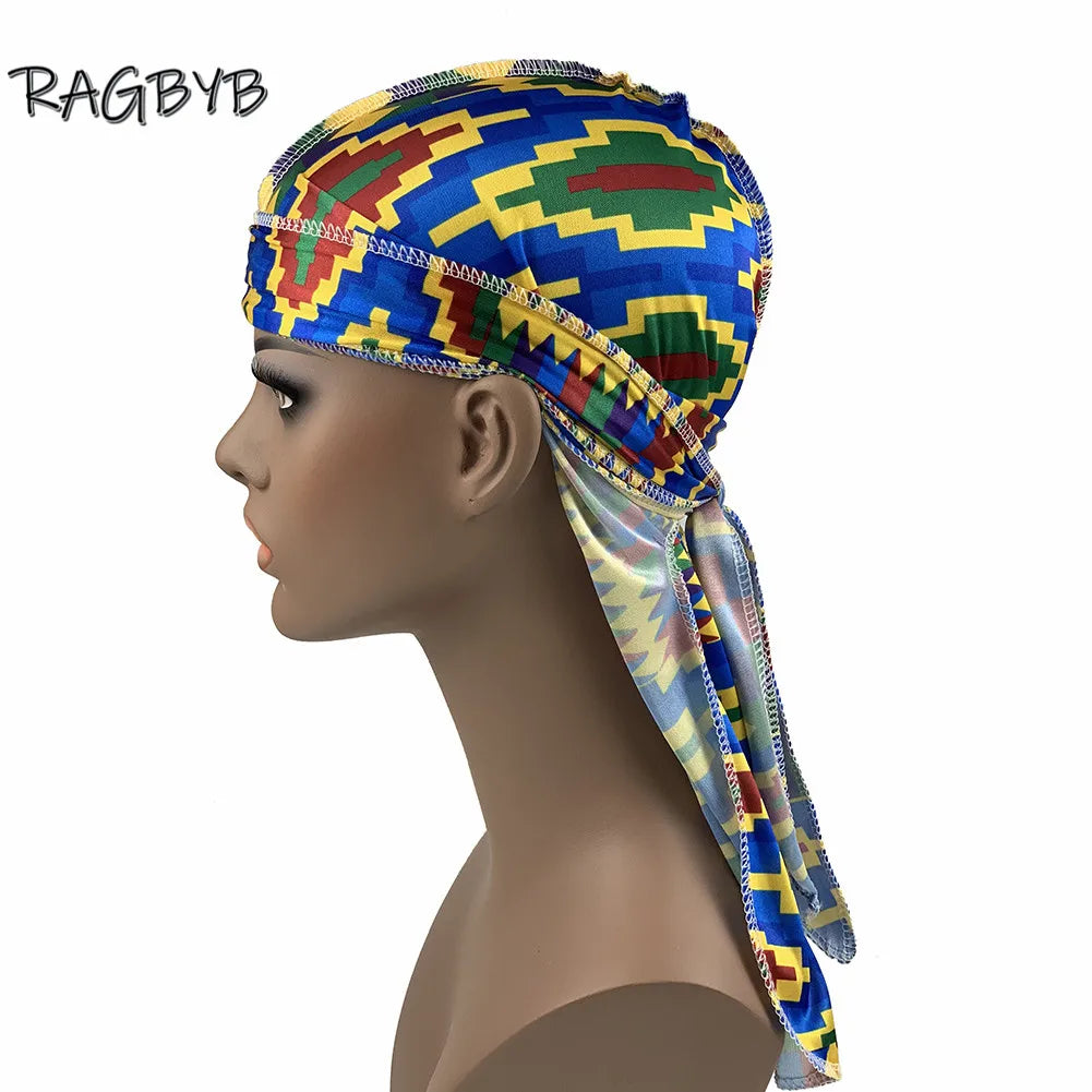 Unisex Printing Silk Durag Ankara Style Men Silky Durag Long Tail Head Scarf Headwear Headband Wave Cap Durags